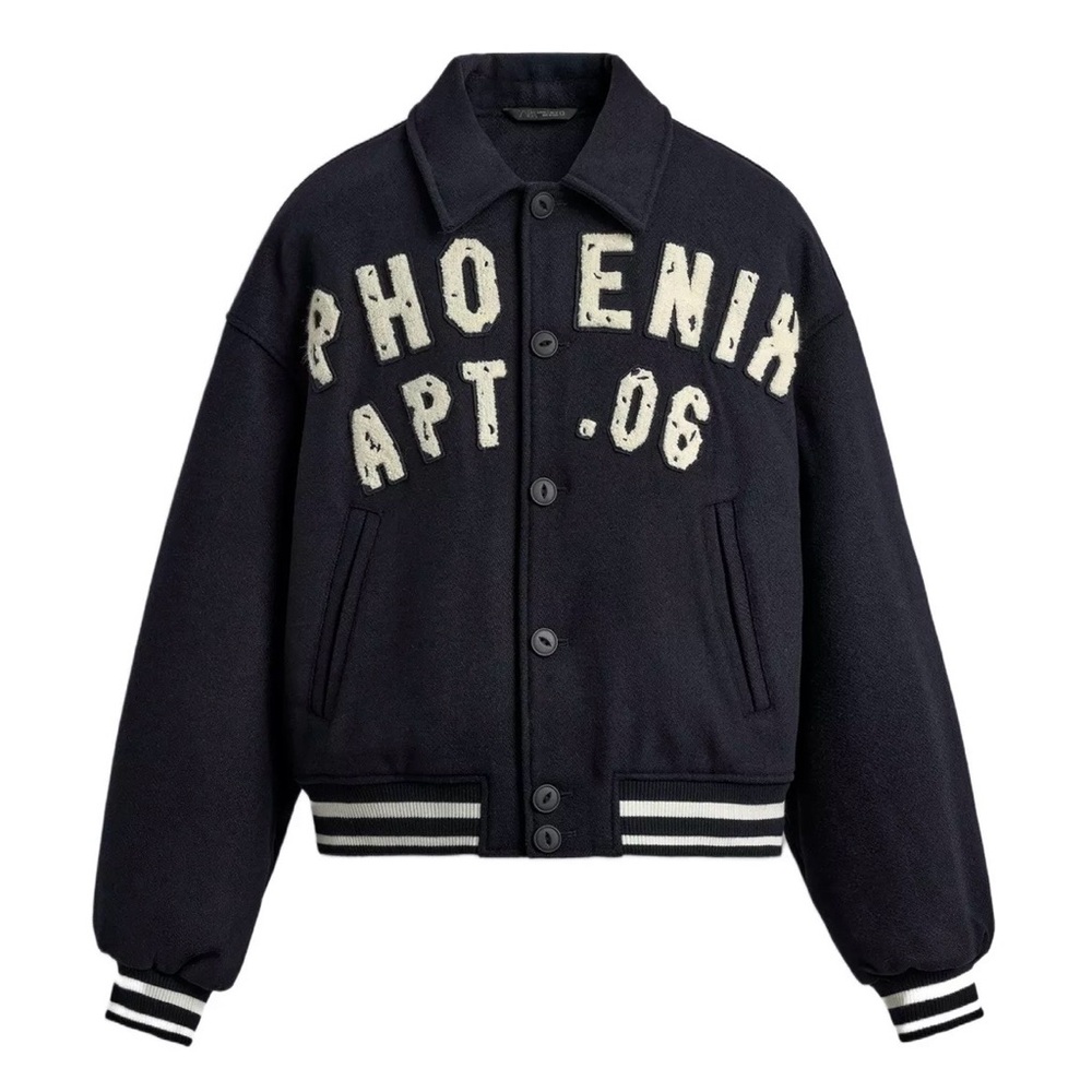 Zara Navy Jacket with Cream Lettering